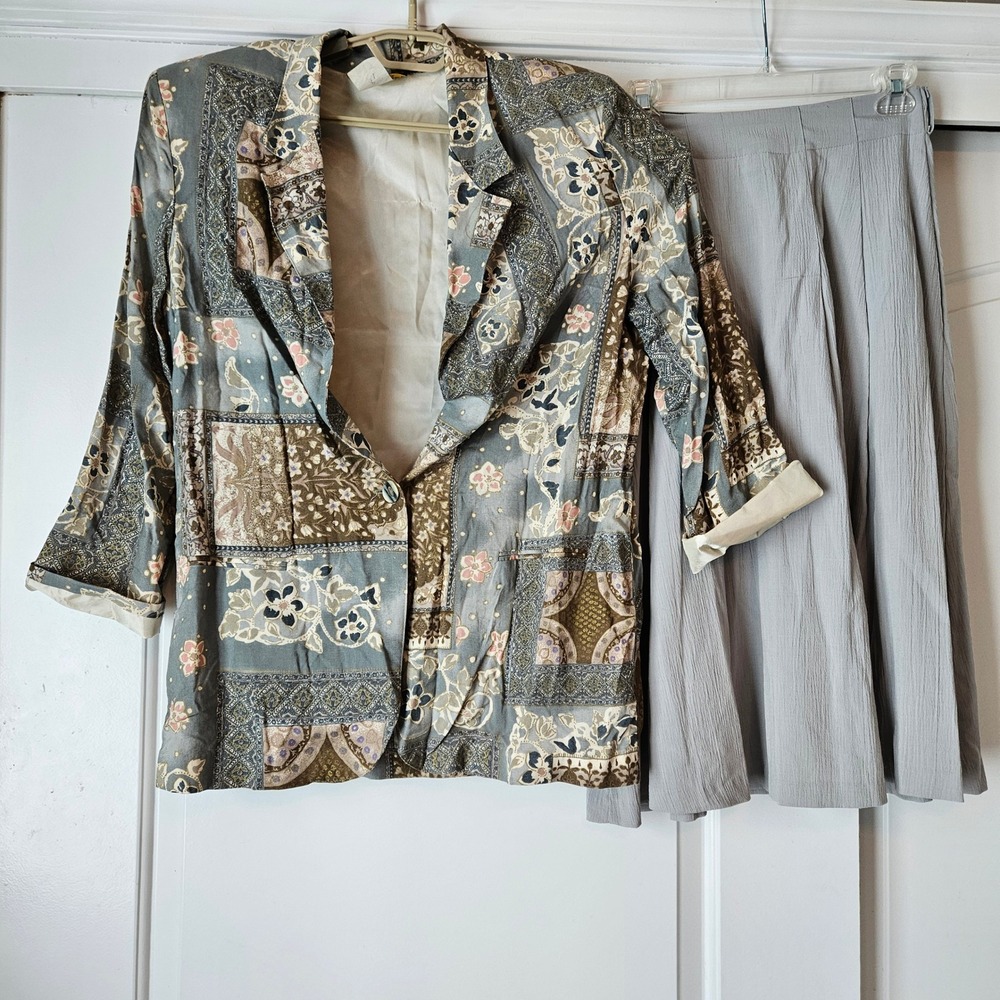 Vintage Toni‎ Garment Skirt Suit Set Womens Medium Grey Patchwork 90s Floral
